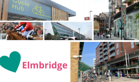 A collage of images of Elmbridge high streets and areas, with the Love Elmbridge logo
