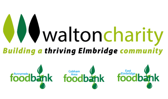 Collage image of Walton Charity logo and logos for East Elmbridge, Runnymede and Cobham Area foodbanks