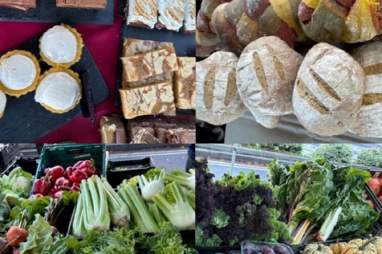 A collage of images of fresh produce from the market