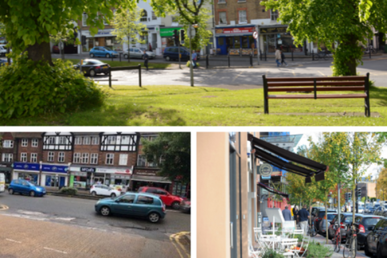 A collection of three images of Esher High Street