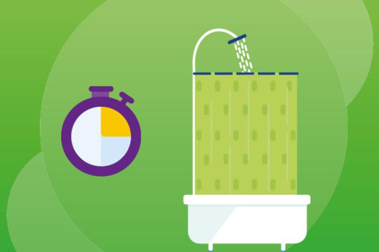 A graphic of shower next to a clock timer to represent reducing time in the shower