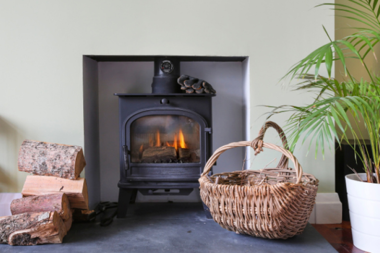 A wood burning stove alight in a residential home