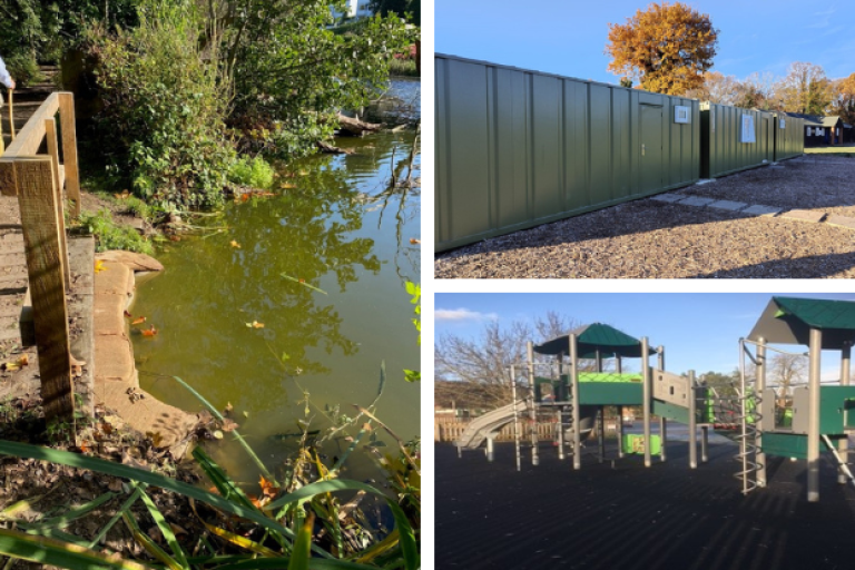Collage of a lake, school playground and disabled toilets projects