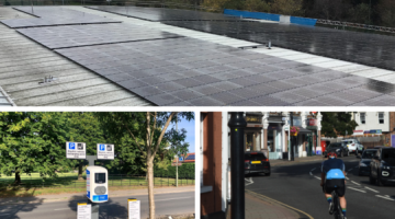 A collage of three images showing solar panels, an EV charging point and a cyclist in Elmbridge