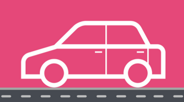 Pink graphic of a white car on a road