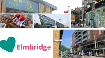 A collage of images of Elmbridge high streets and areas, with the Love Elmbridge logo