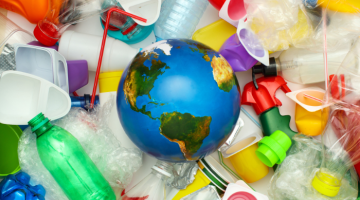 A model of the Earth surrounded by plastic waste.