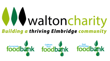 Collage image of Walton Charity logo and logos for East Elmbridge, Runnymede and Cobham Area foodbanks