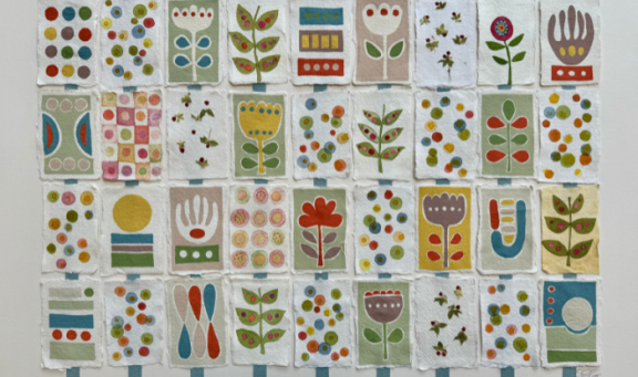 Collage artwork with leaves and flowers motifs by artist Sarah Simonds-Gooding