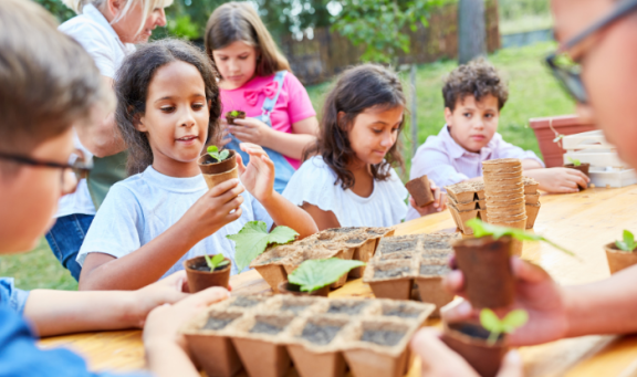 Children planting vegetables in school garden