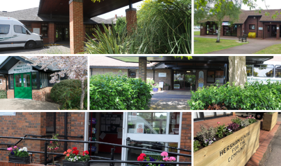 Collage of exterior photos of the 6 centres for the community