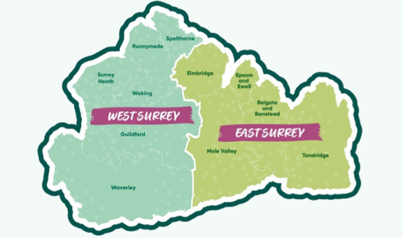 Map showing 2 new unitary authorities - West and East Elmbridge