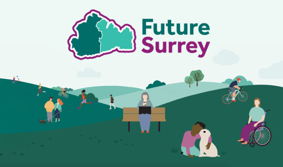 Future surrey people, hills, trees