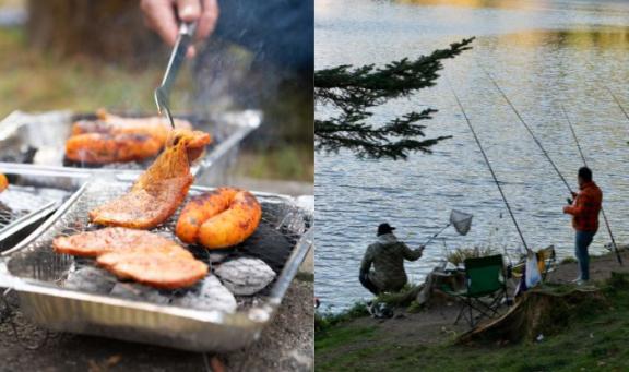 Fisherman camping overnight and disposable barbecue