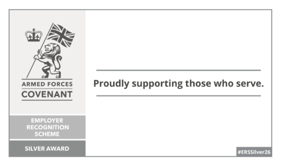 Armed Forces Covenant Employer Recognition Scheme Silver Award - Proudly supporting those who serve. Graphic of a lion holding a British flag and a crown in the background.