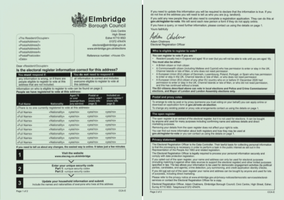 Example of an annual canvass form on the green paper