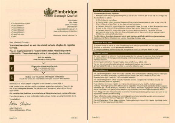 Example of an annual canvass form on the salmon-coloured paper