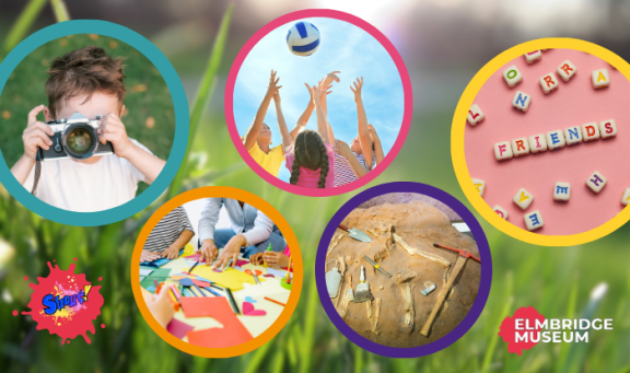 Various images of children playing with a ball, a camera, completing crafts and archaeology digging.