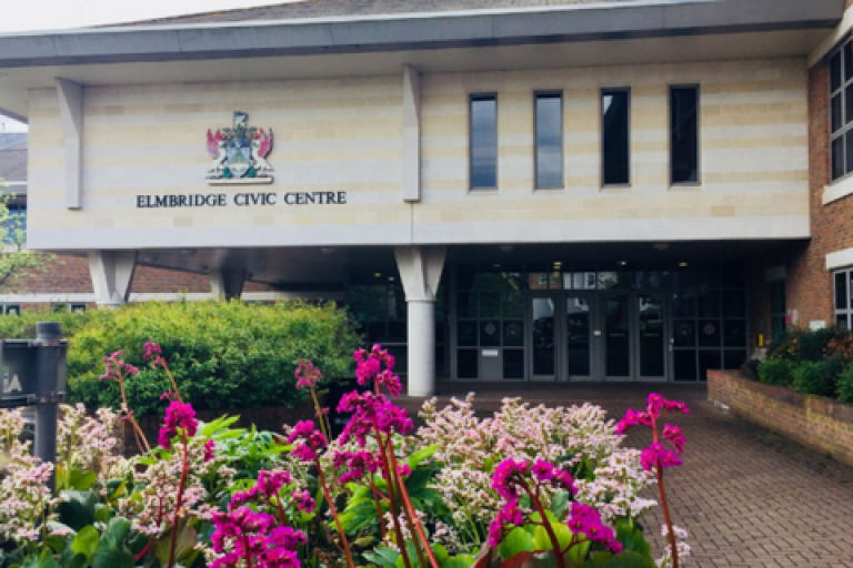 Elmbridge civic centre exterior with flowers