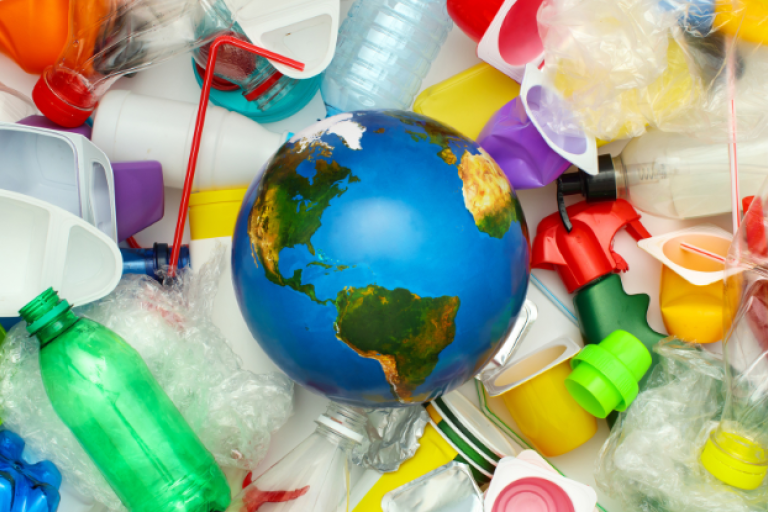 A model of the Earth surrounded by plastic waste.