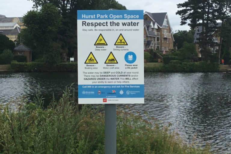 Water safety sign in Hurst Park Open Space