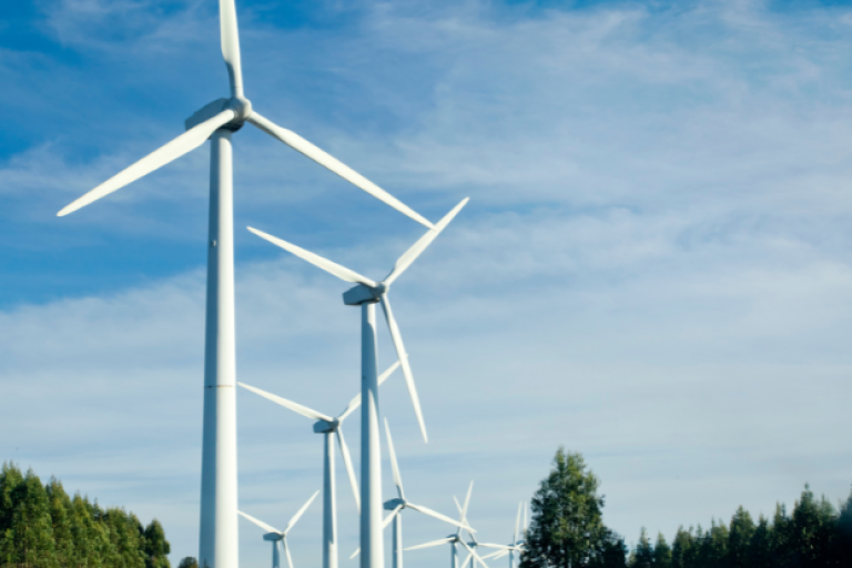 An image of several wind turbines amongst trees.