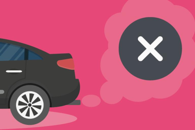 Graphic showing a car and a cross in front of its exhaust fumes