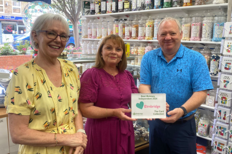 Owners of The Card Collection with cllr Hewens and their 2024 Love Elmbridge award