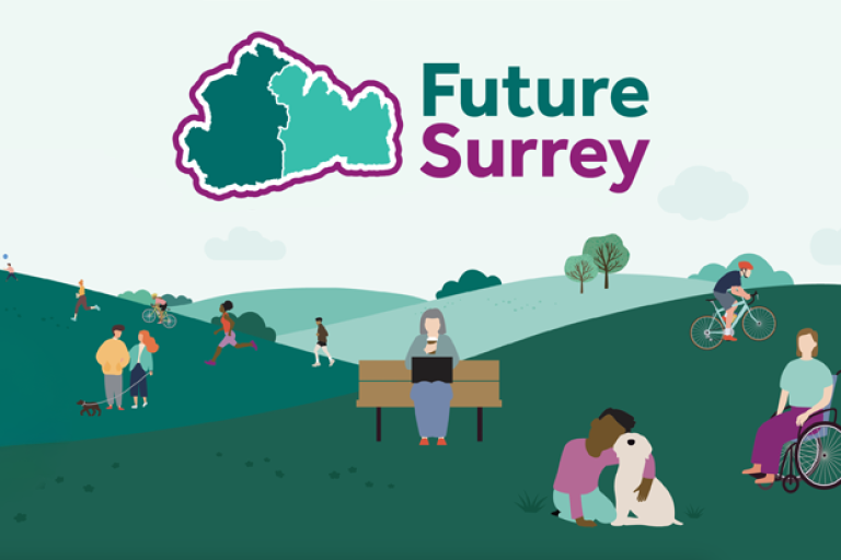 Future surrey people, hills, trees