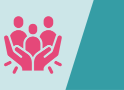 Pink support icon (two hands holding 3 people up) on turquoise background