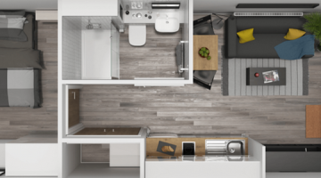 A digital floorplan of a one bedroom apartment.