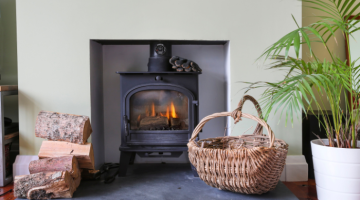 A wood burning stove alight in a residential home