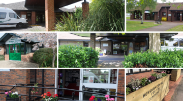 Collage of exterior photos of the 6 centres for the community