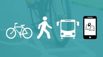 Live cleaner and healthier symbols showing a bike, pedestrian, bus and a telephone with a map