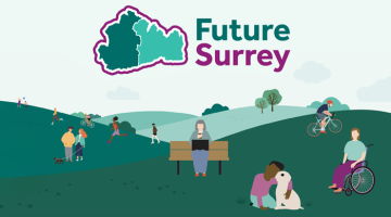 Future surrey people, hills, trees