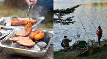 Fisherman camping overnight and disposable barbecue