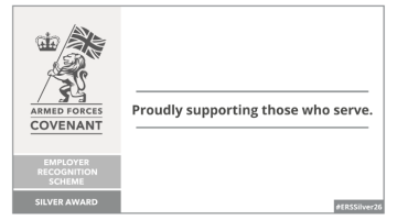 Armed Forces Covenant Employer Recognition Scheme Silver Award - Proudly supporting those who serve. Graphic of a lion holding a British flag and a crown in the background.