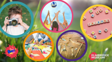Various images of children playing with a ball, a camera, completing crafts and archaeology digging.