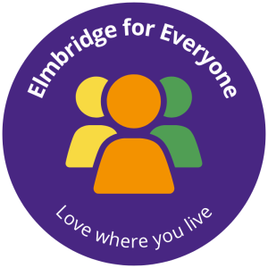 Icon of three people in yellow orange and green with the words 'Elmbridge for Everyone' and 'Love where you live' on a purple background.